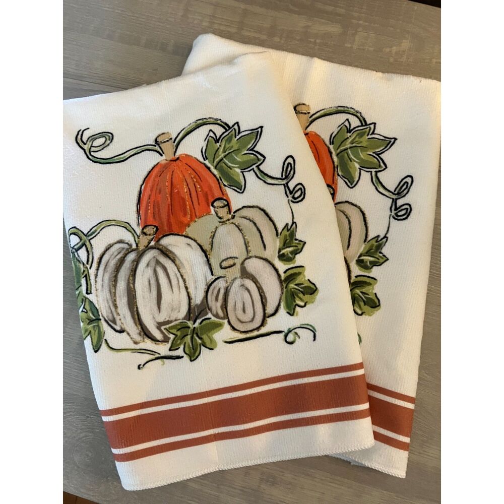 Set of two fall pumpkin dish towels